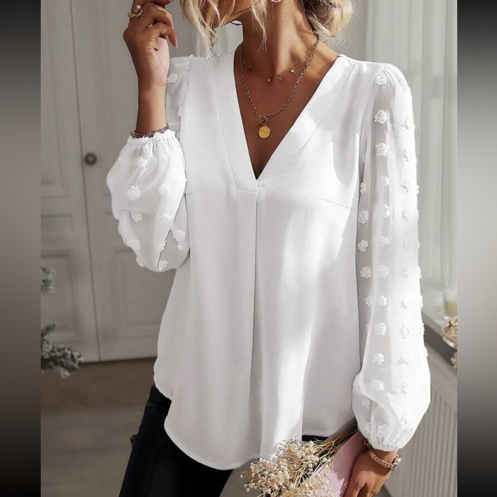 Women's White V-Neck Textured Sleeve Blouse